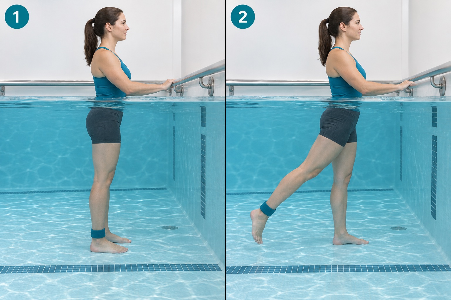 Aquatic Supported Hip Extension: start and finish positions