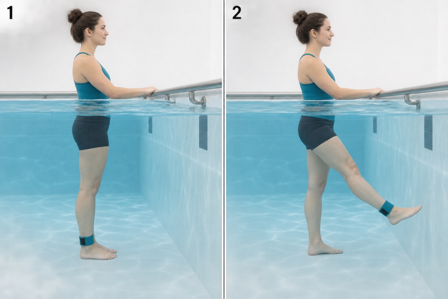 Aquatic Supported Hip Flexion: start and finish positions