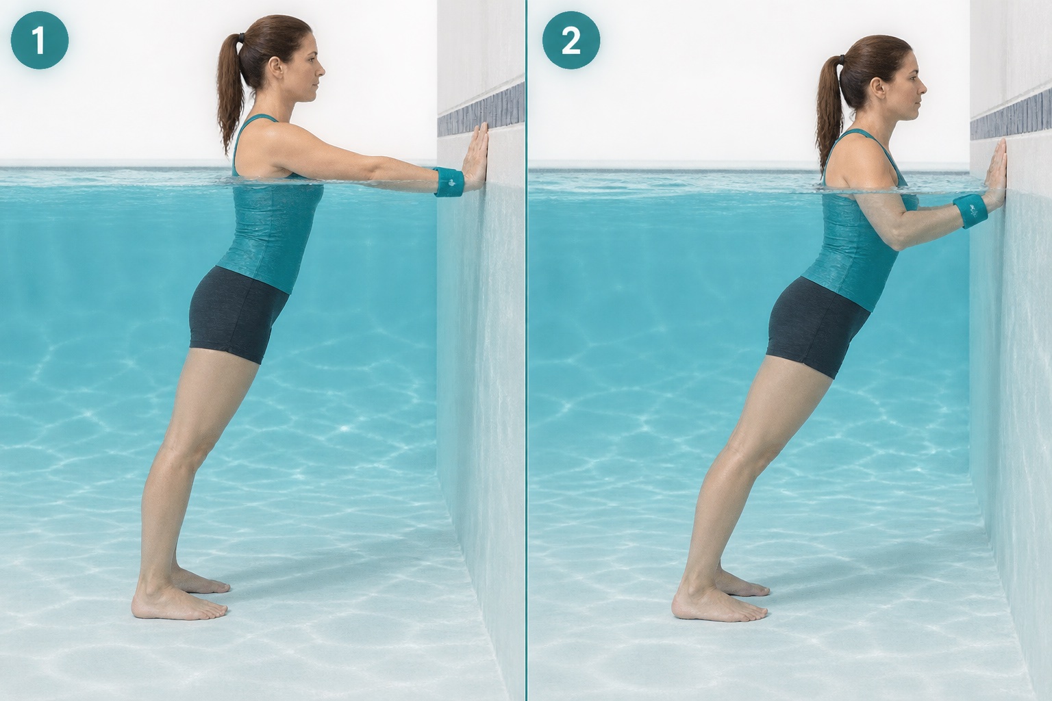 Aquatic Wall Push Up: start and finish positions