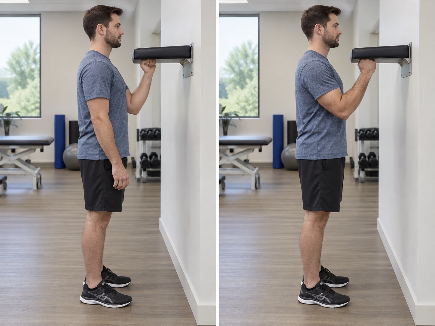 Biceps Isometric at 90 Degrees Against Wall: start and finish positions