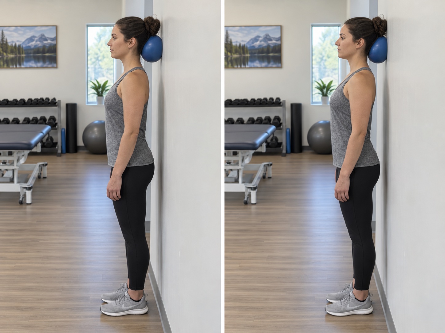 Cervical Extension Isometric with Wall Ball: start and finish positions