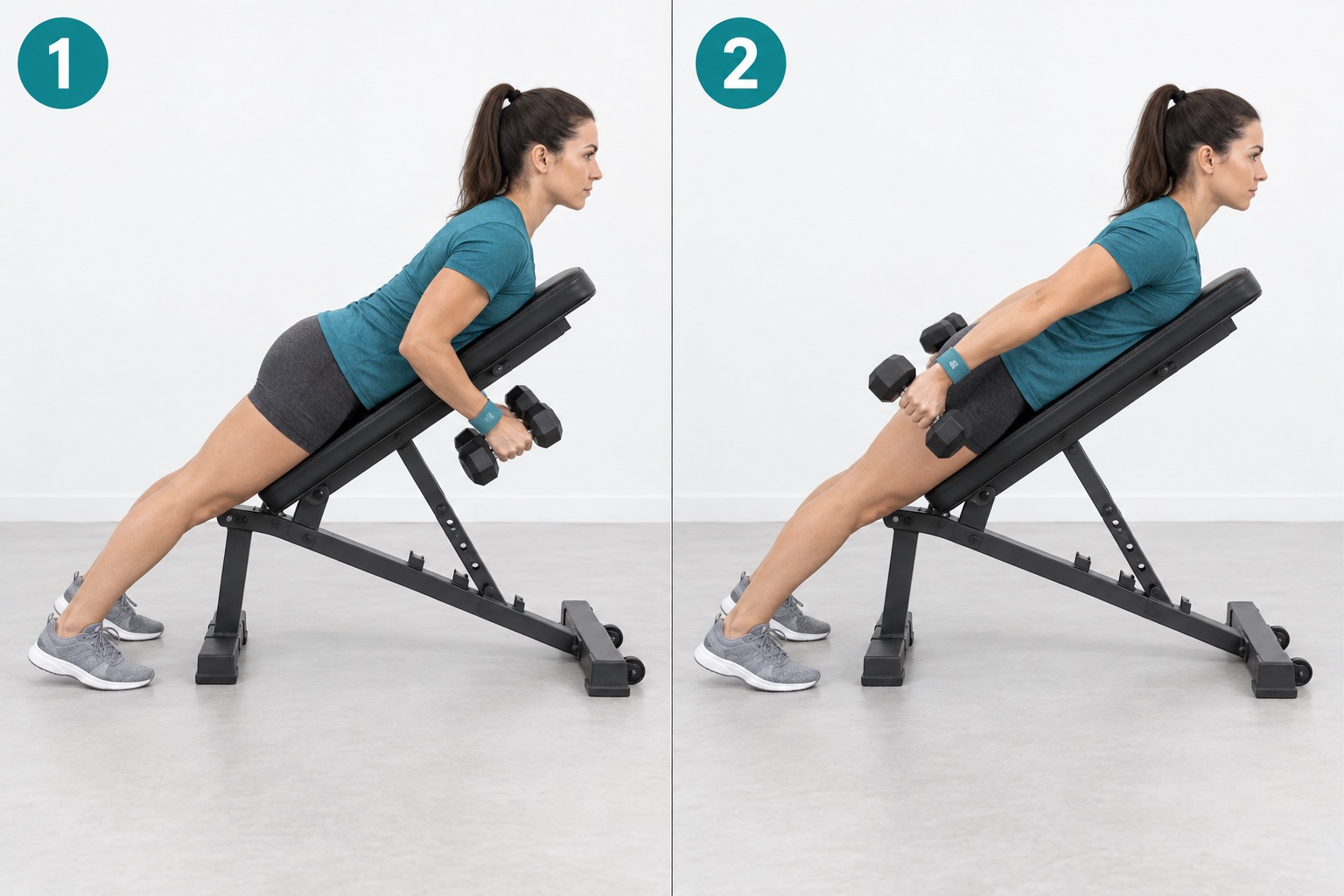Chest Supported Dumbbell Kickback: start and finish positions