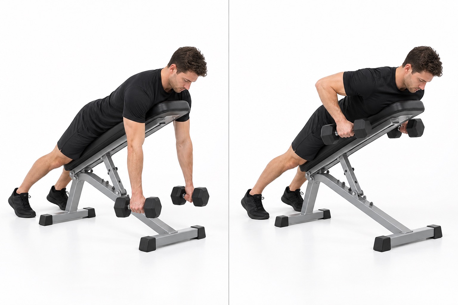 Chest Supported Dumbbell Row: start and finish positions