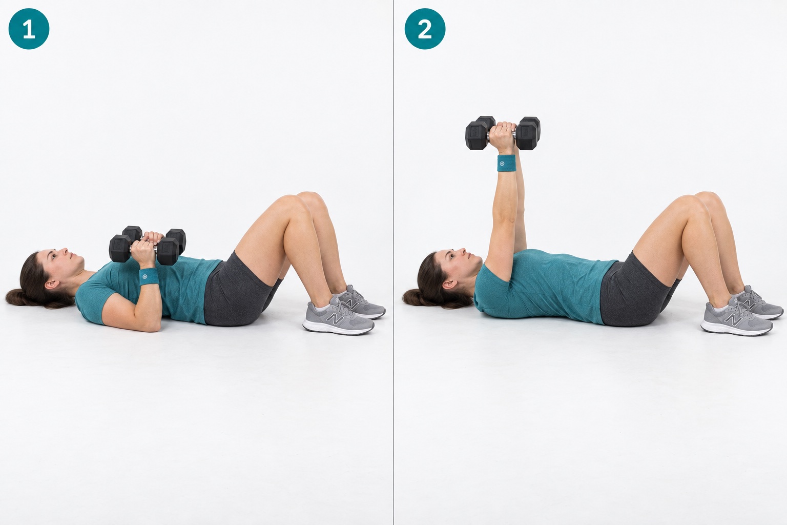Close Grip Dumbbell Floor Press: start and finish positions