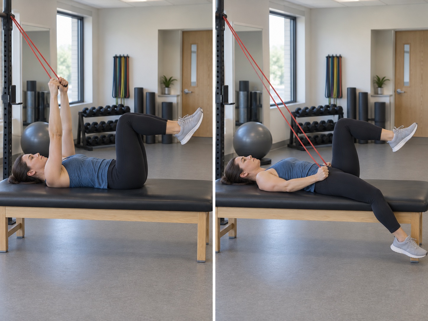 Dead Bug with Band Pulldown: start and finish positions