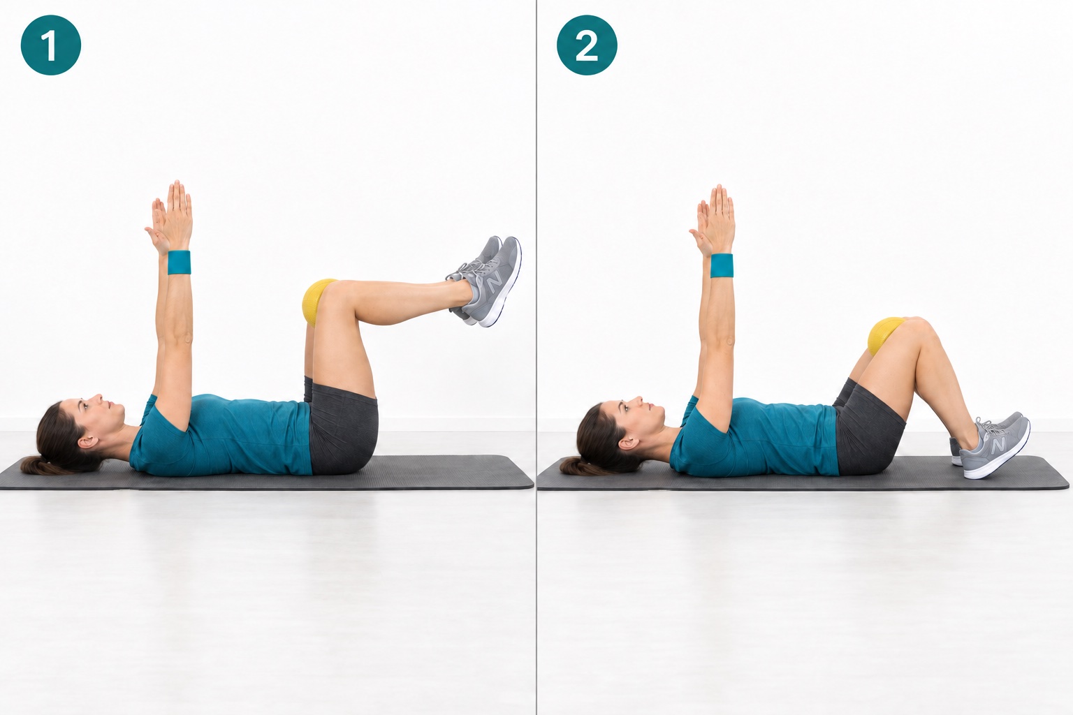Dead Bug Heel Tap With Ball Squeeze: start and finish positions
