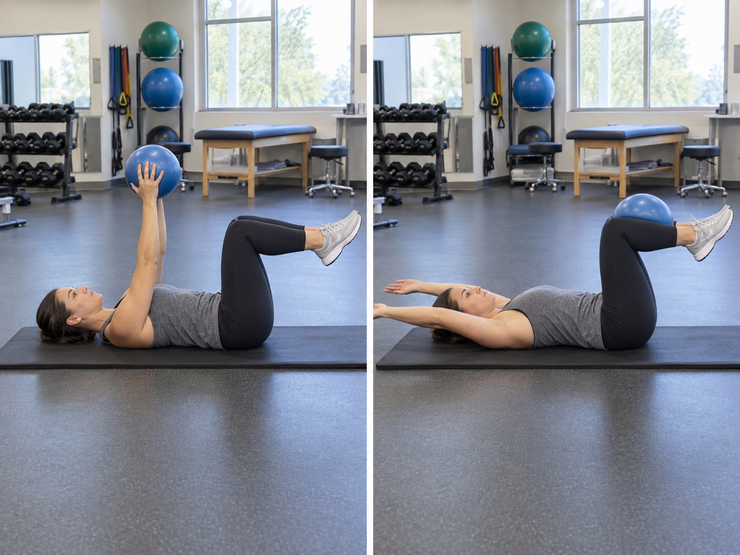Dead Bug Stability-Ball Pass: start and finish positions