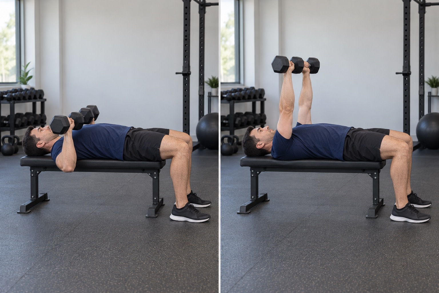 Dumbbell Bench Press: start and finish positions