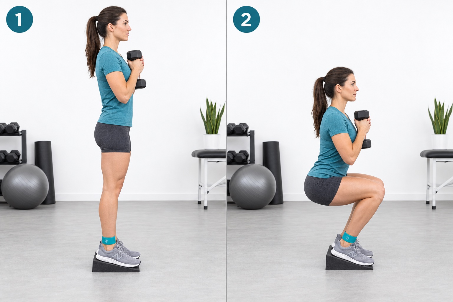 Dumbbell Cyclist Squat: start and finish positions