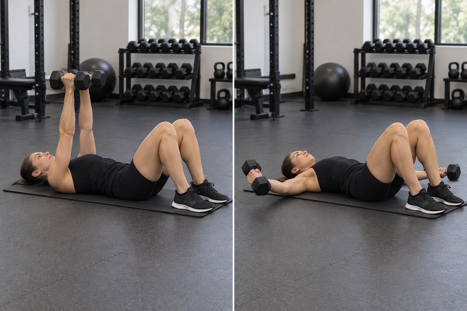 Dumbbell Floor Fly: start and finish positions
