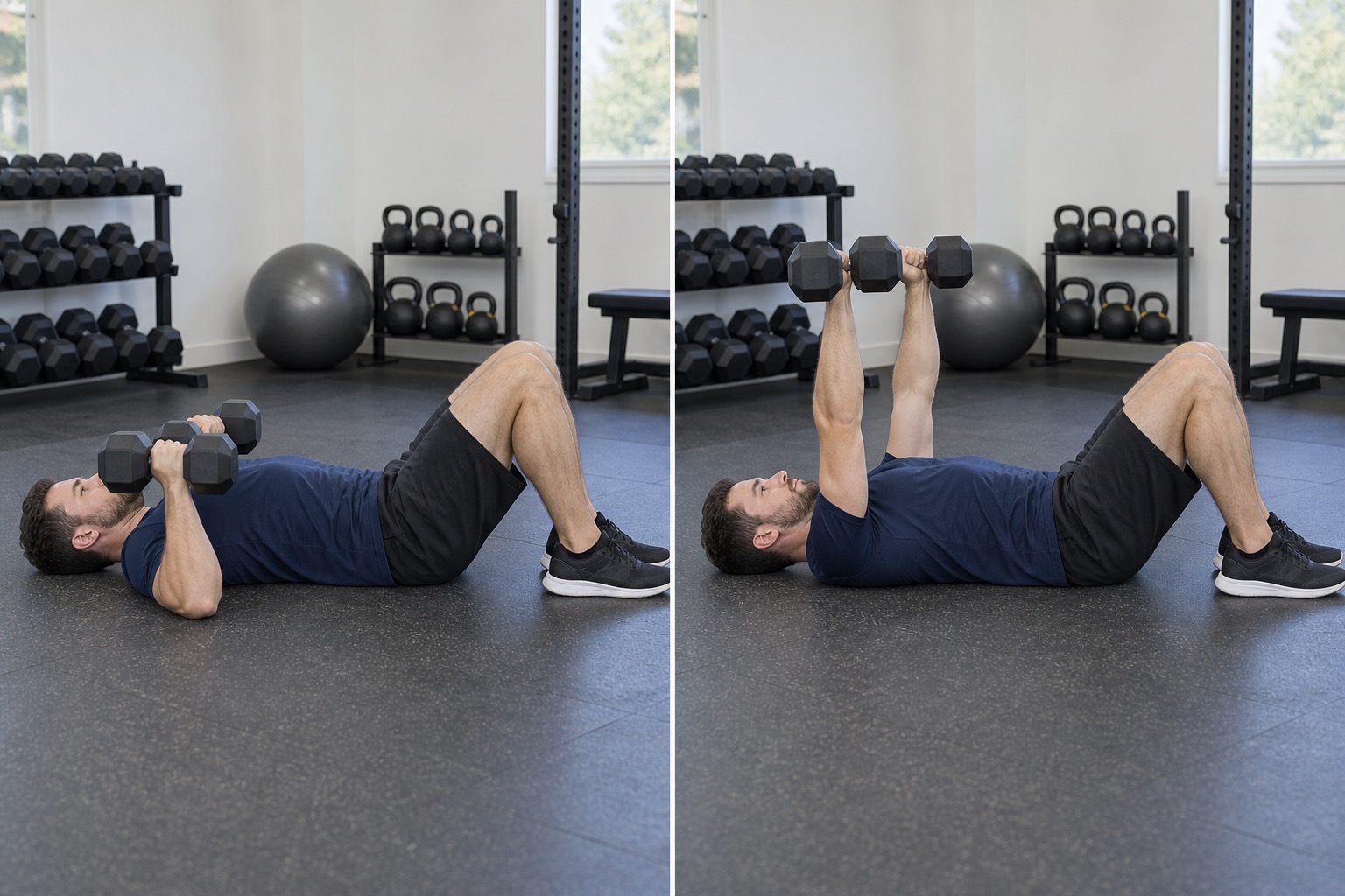 Dumbbell Floor Press: start and finish positions
