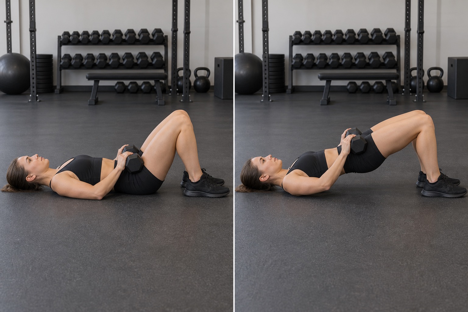 Dumbbell Glute Bridge: start and finish positions