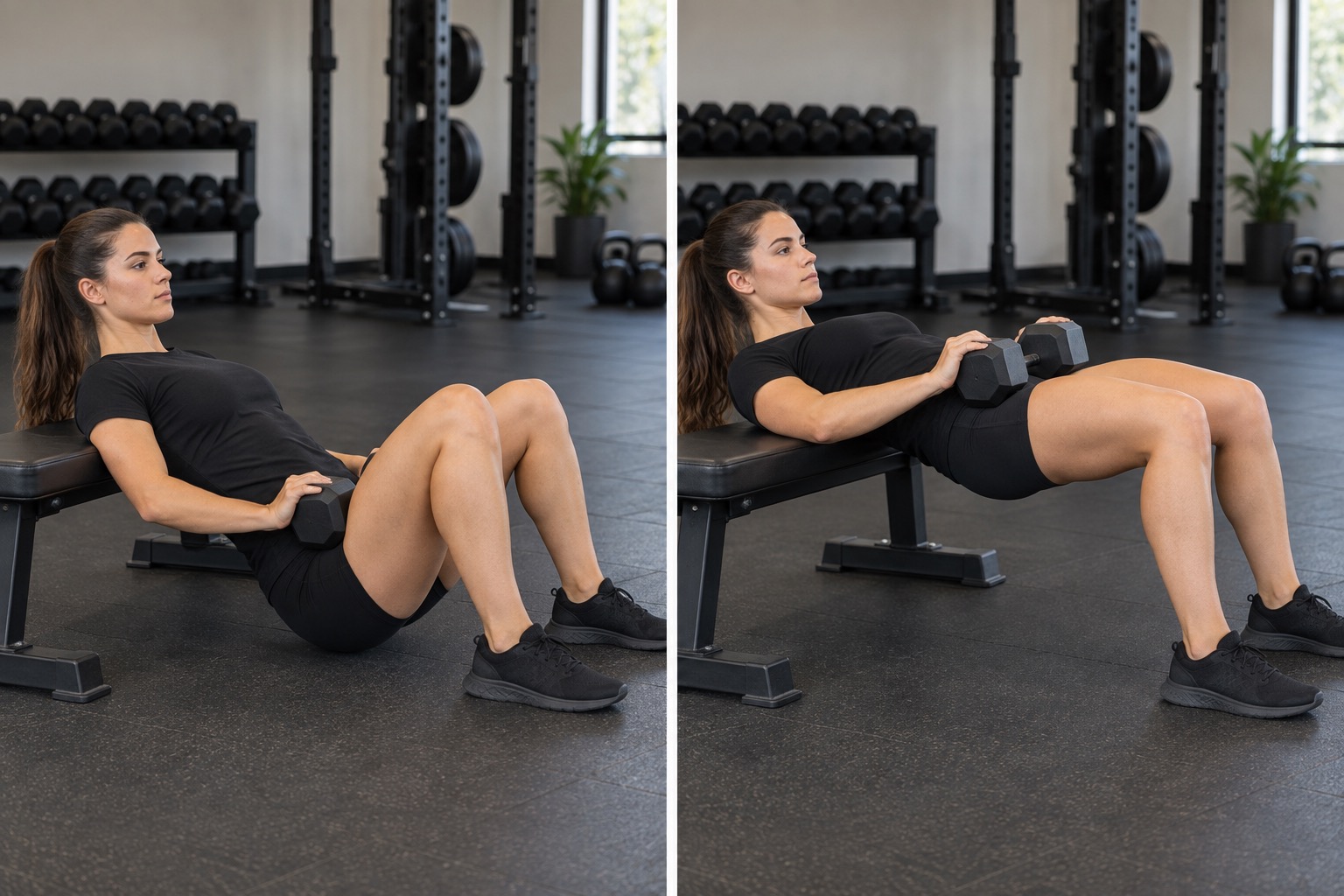 Dumbbell Hip Thrust: start and finish positions