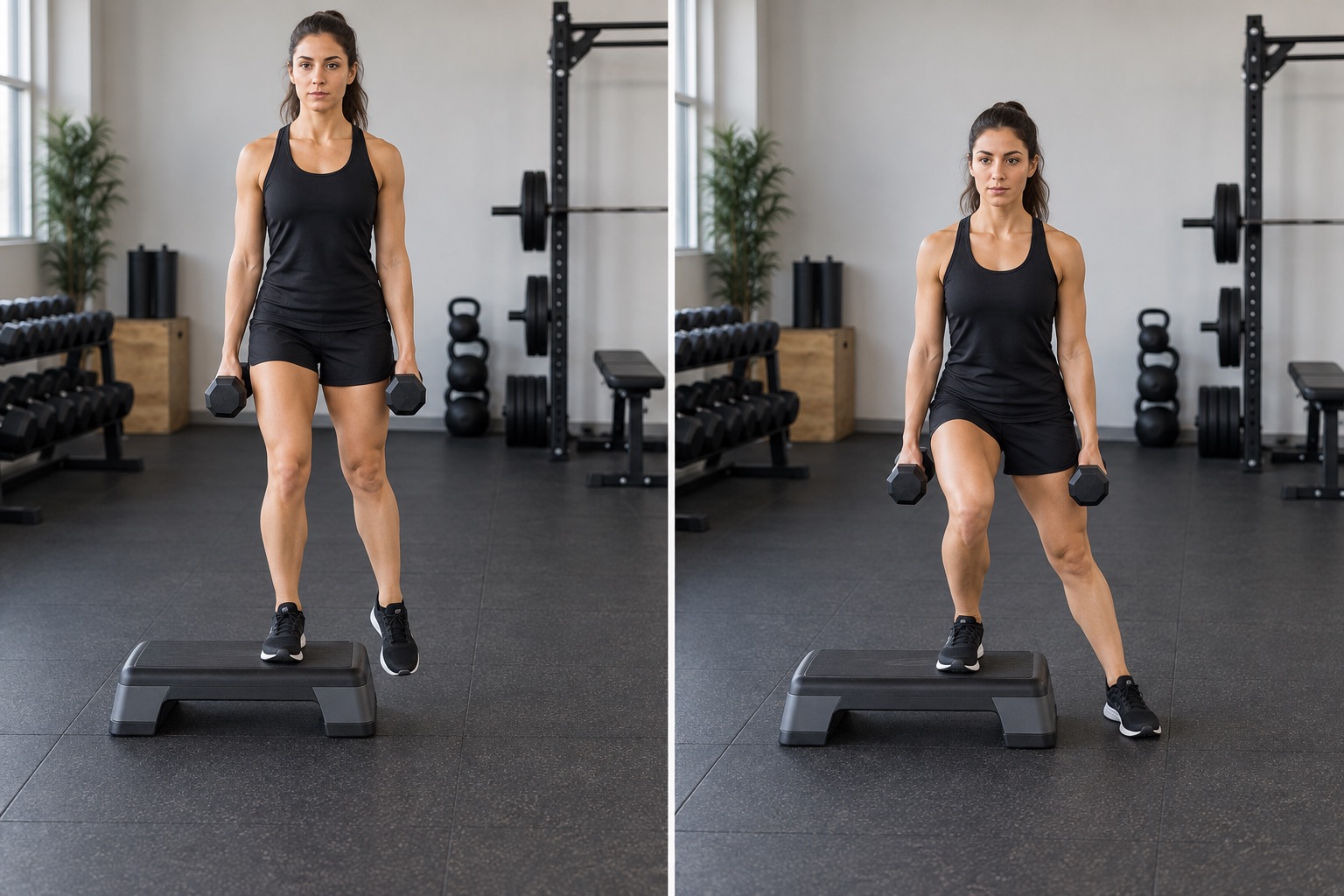 Dumbbell Lateral Step Down: start and finish positions