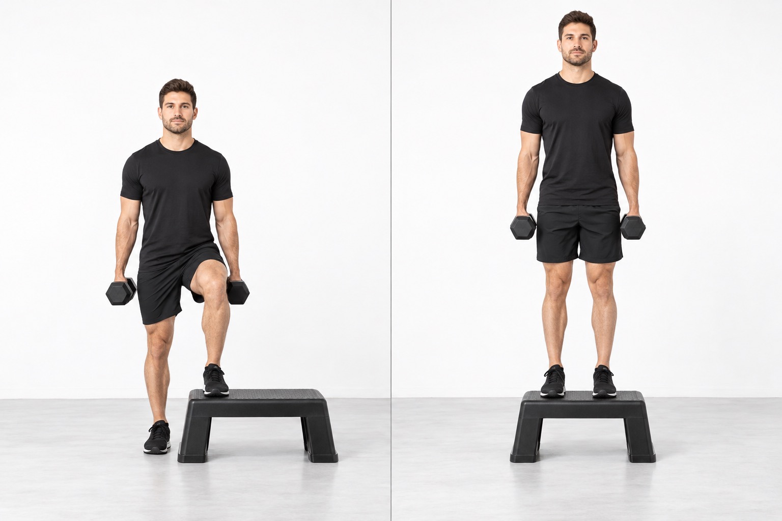 Dumbbell Lateral Step Up: start and finish positions