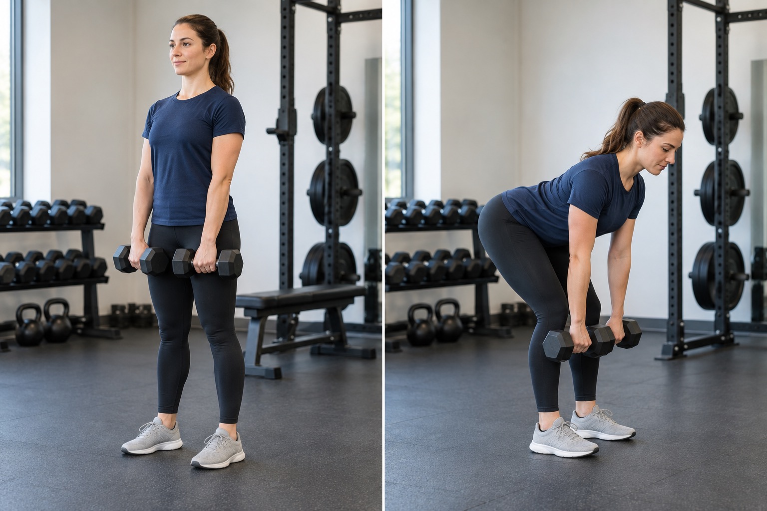 Dumbbell Romanian Deadlift: start and finish positions