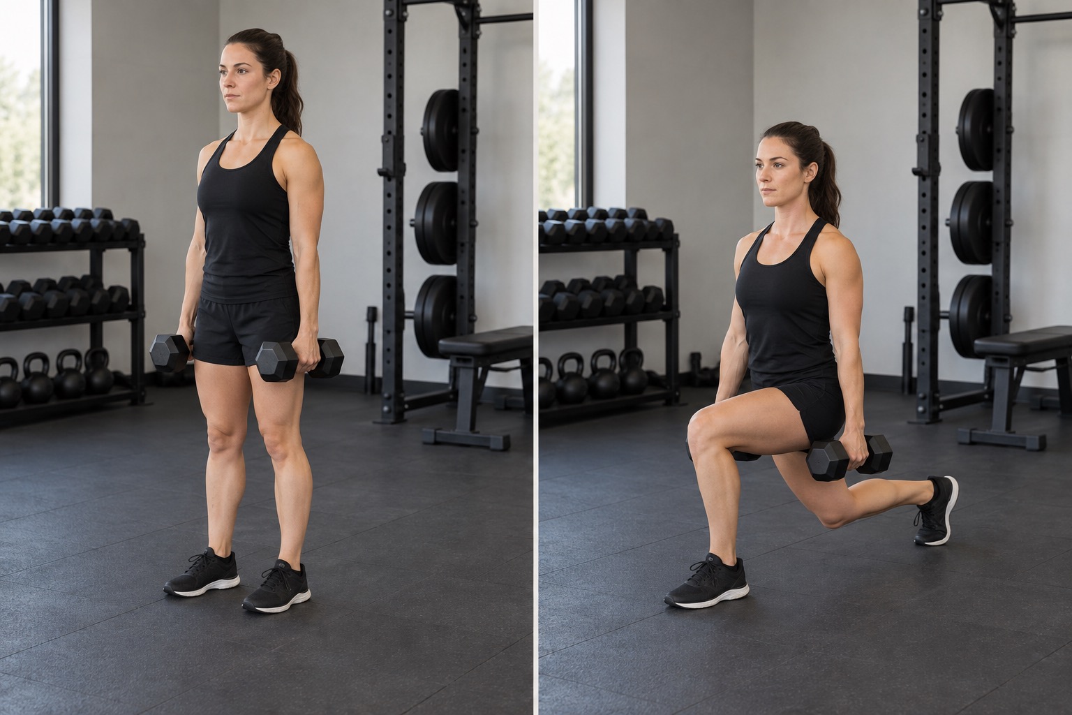 Dumbbell Step Back Lunge: start and finish positions