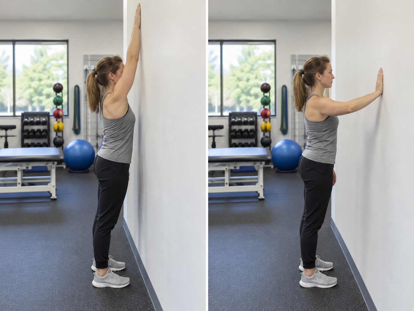 Eccentric Shoulder Flexion Wall Lower: start and finish positions
