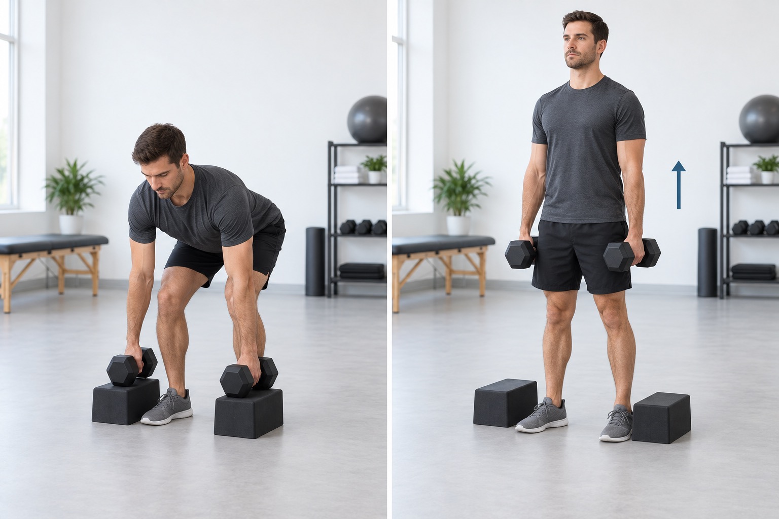 Elevated Dumbbell Deadlift Blocks: start and finish positions