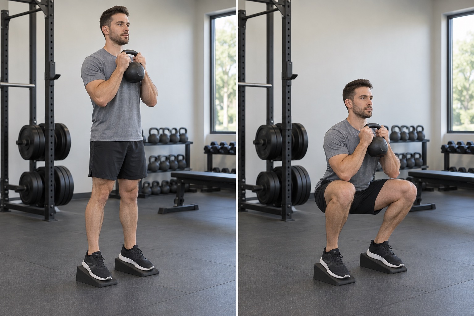 Elevated Heel Goblet Squat: start and finish positions