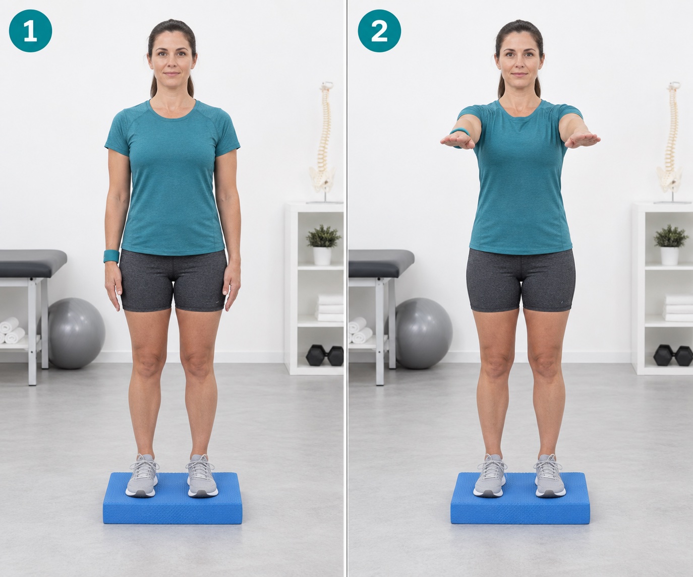 Foam Stance Bilateral Arm Raise: start and finish positions