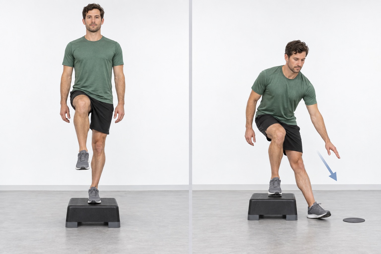 Forward Step Down Floor Tap V1: start and finish positions