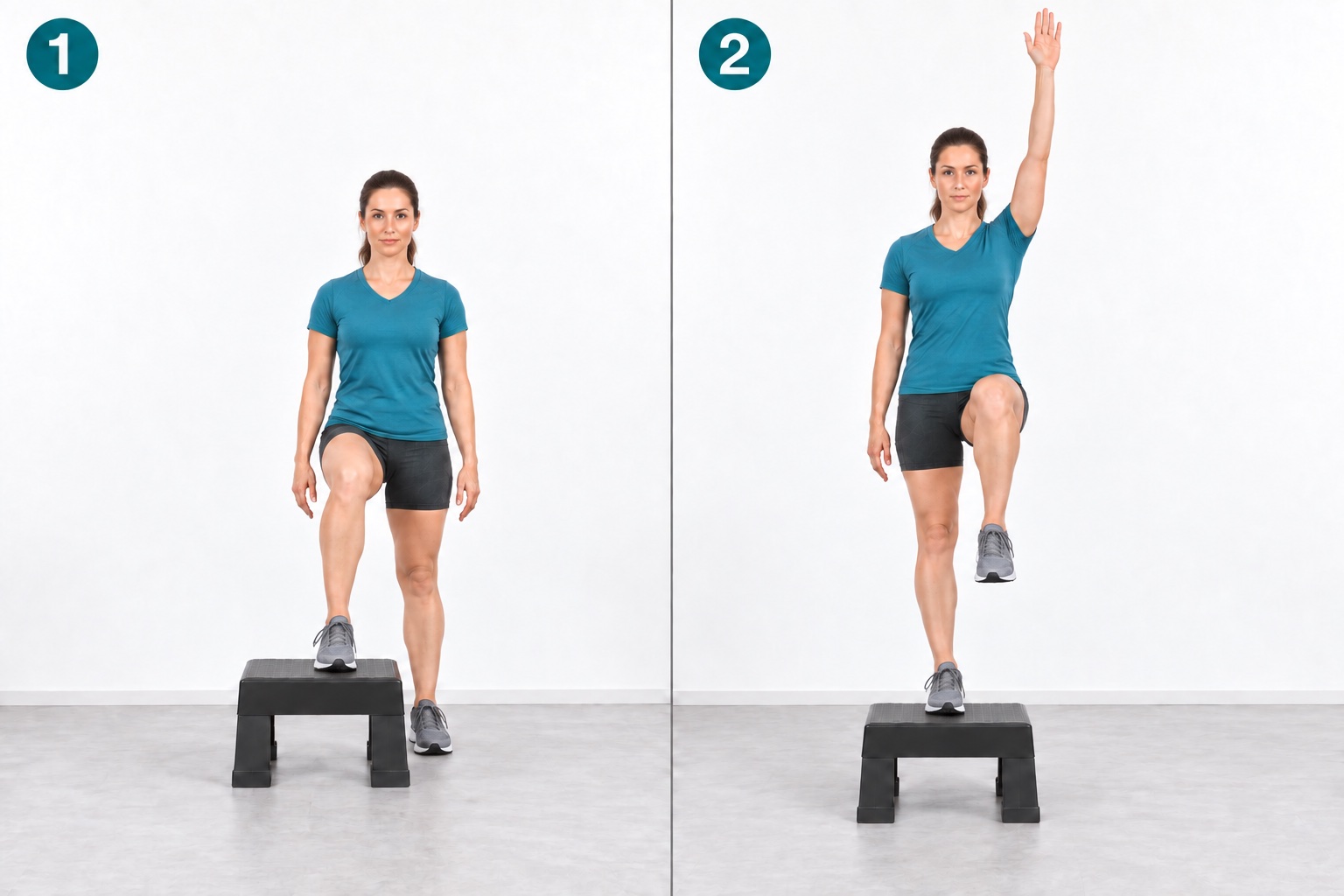 Forward Step Up With Opposite Reach: start and finish positions