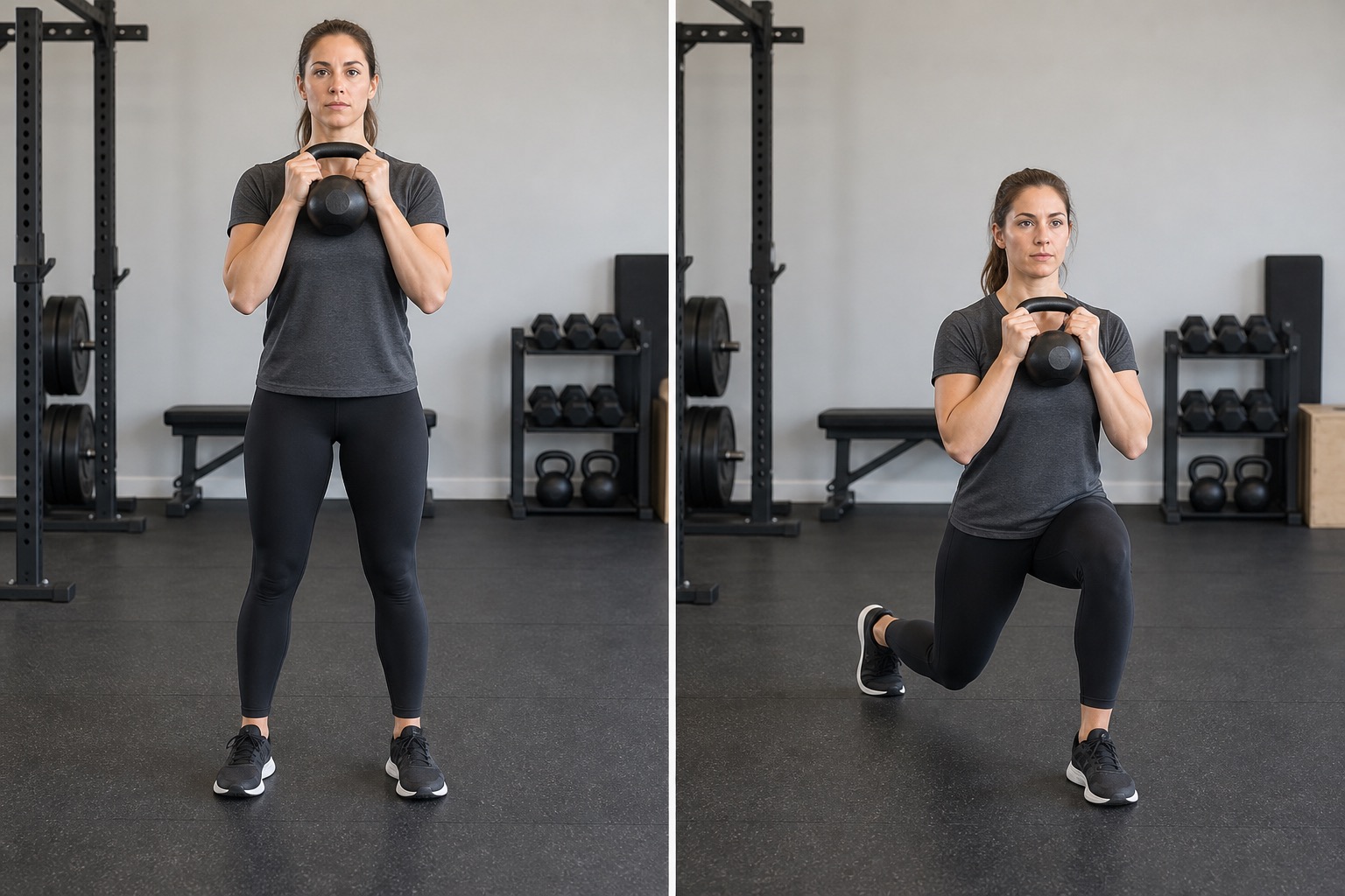 Front Loaded Reverse Lunge: start and finish positions