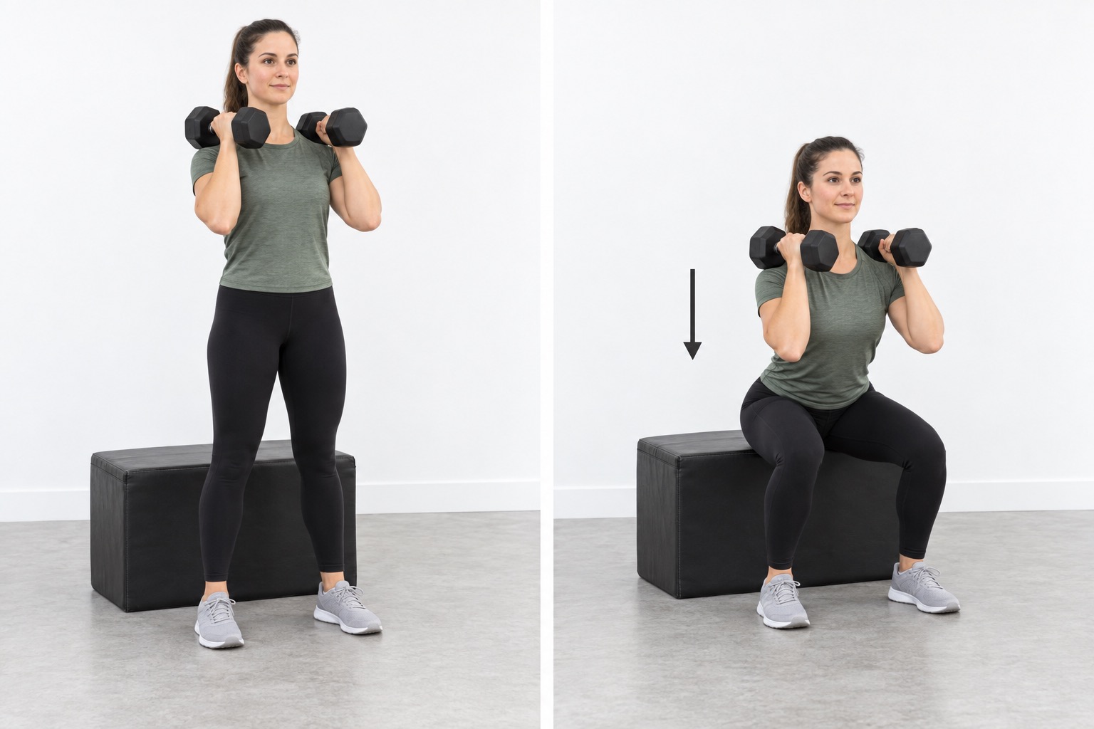 Front Rack Box Squat: start and finish positions