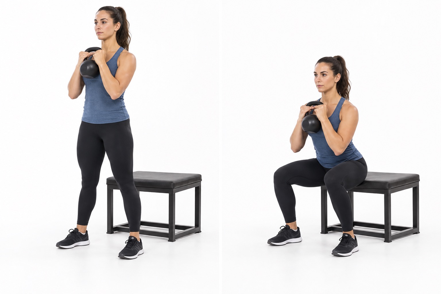 Goblet Box Squat: start and finish positions