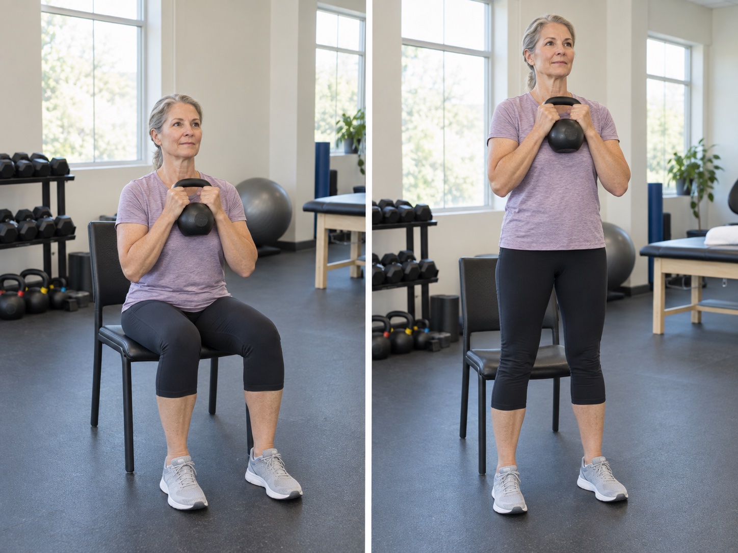 Goblet Sit-to-Stand — Bone Health: start and finish positions