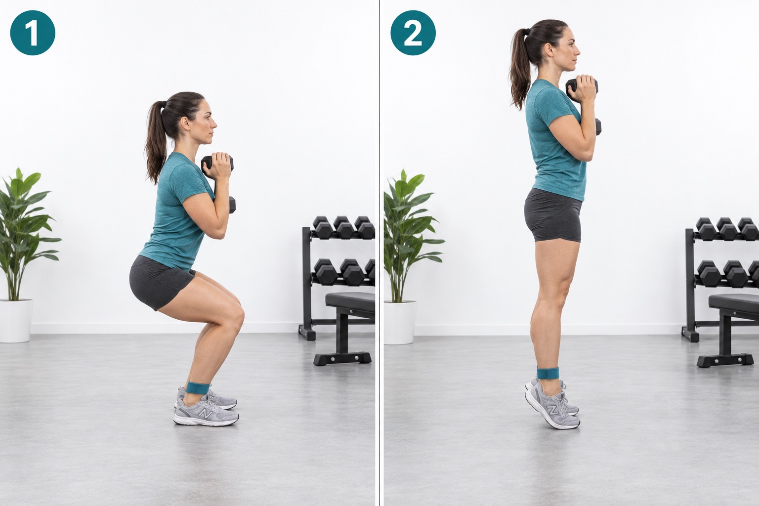 Goblet Squat To Calf Raise: start and finish positions