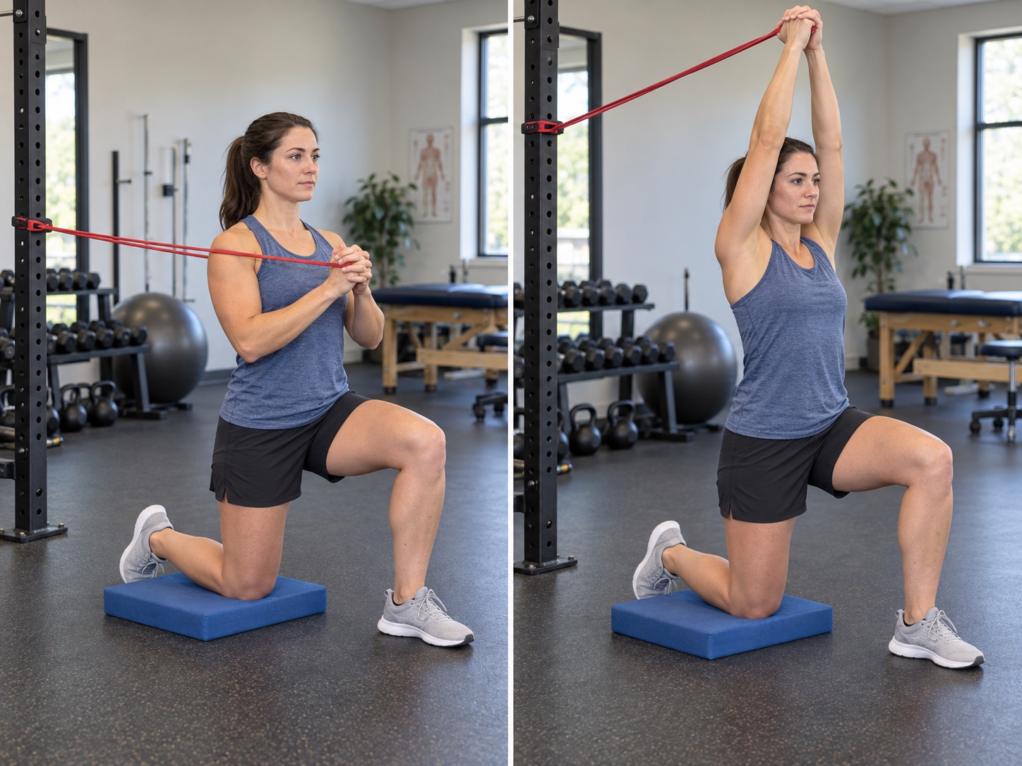 Half-Kneeling Anti-Extension Band Reach: start and finish positions