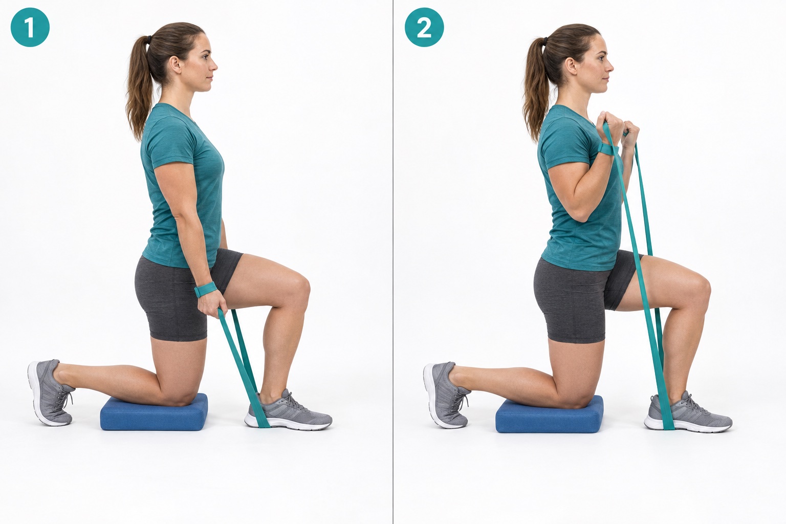 Half Kneeling Band Biceps Curl: start and finish positions