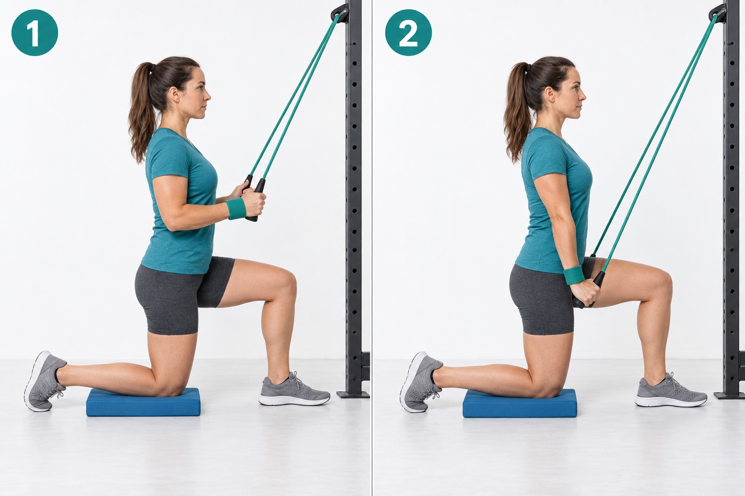 Half Kneeling Band Triceps Pressdown: start and finish positions