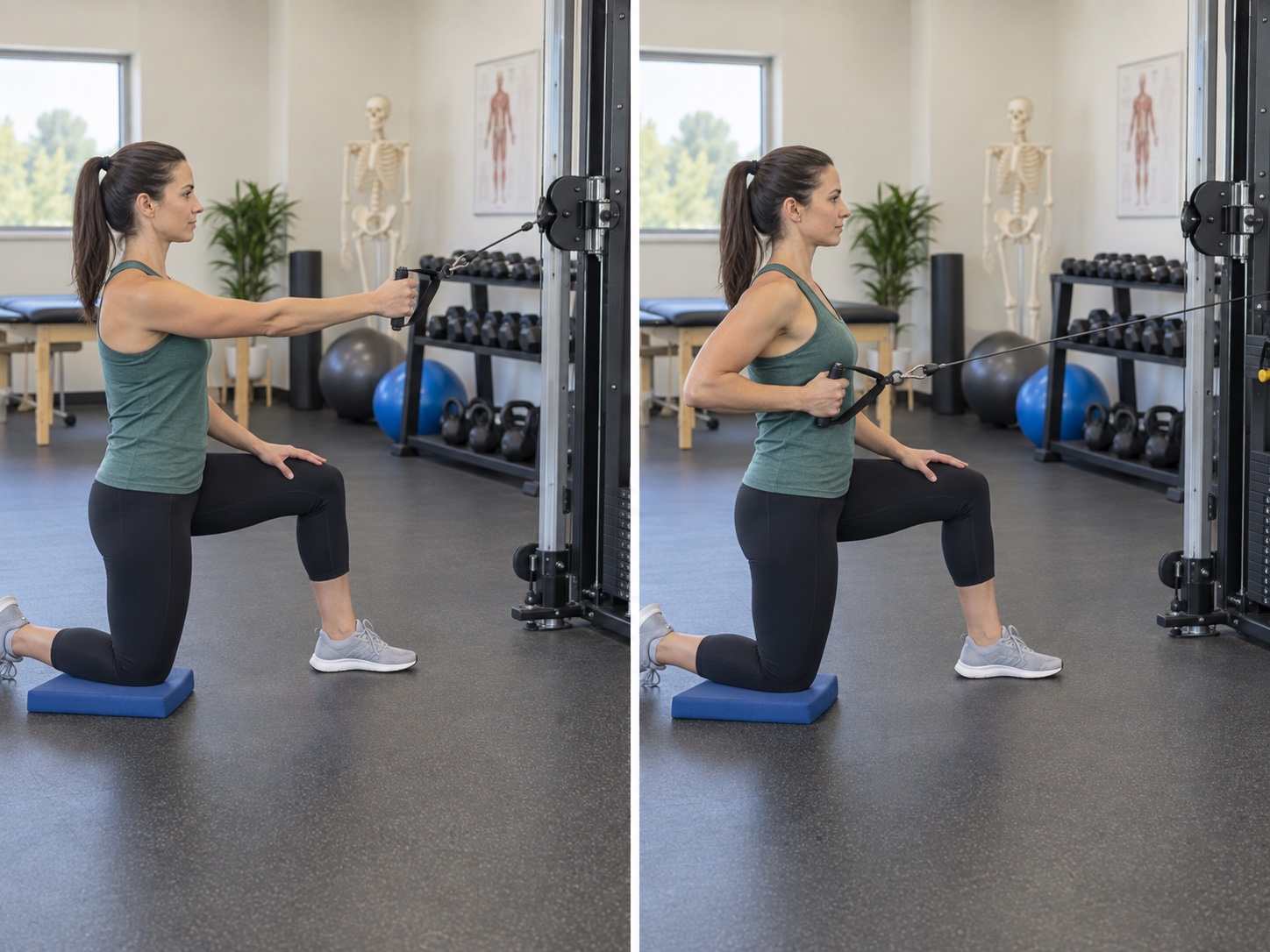 Half-Kneeling Single-Arm Cable Row: start and finish positions