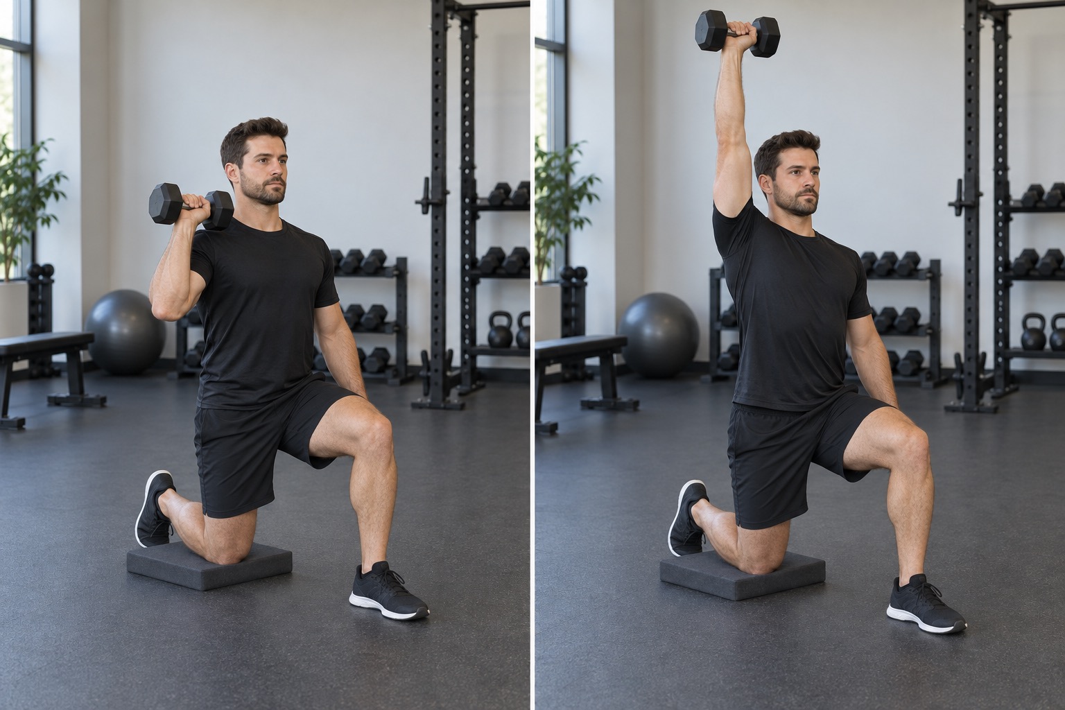 Half Kneeling Dumbbell Press: start and finish positions