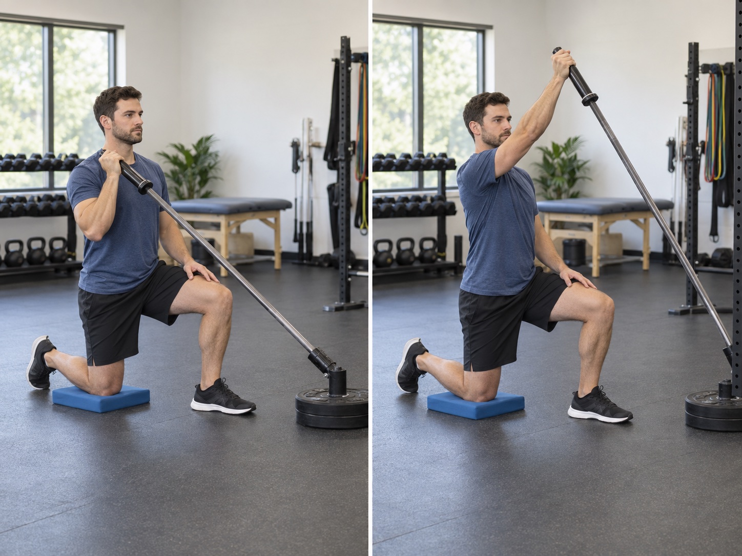 Half-Kneeling Landmine Press: start and finish positions