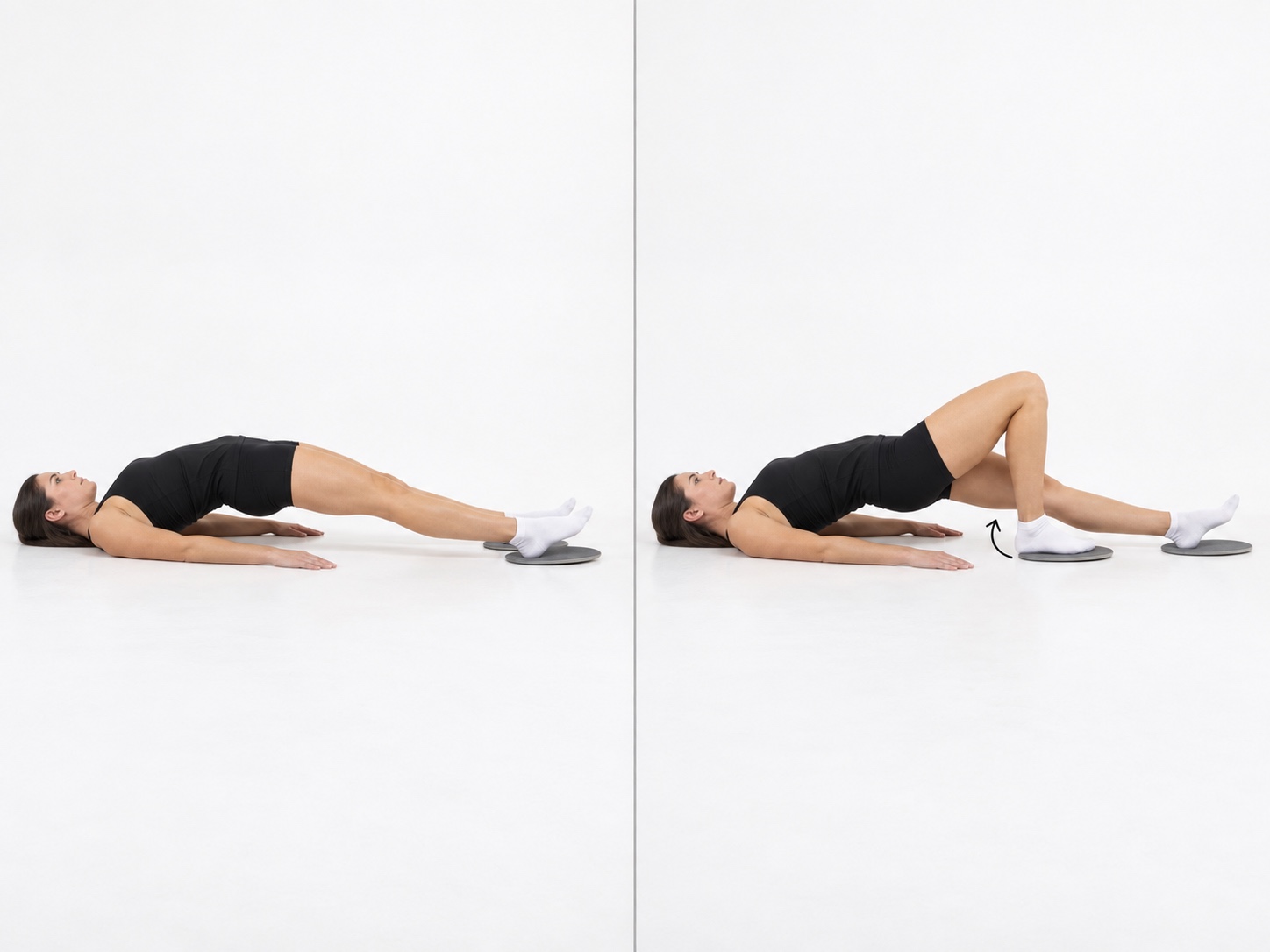 Hamstring Slider Curl: start and finish positions