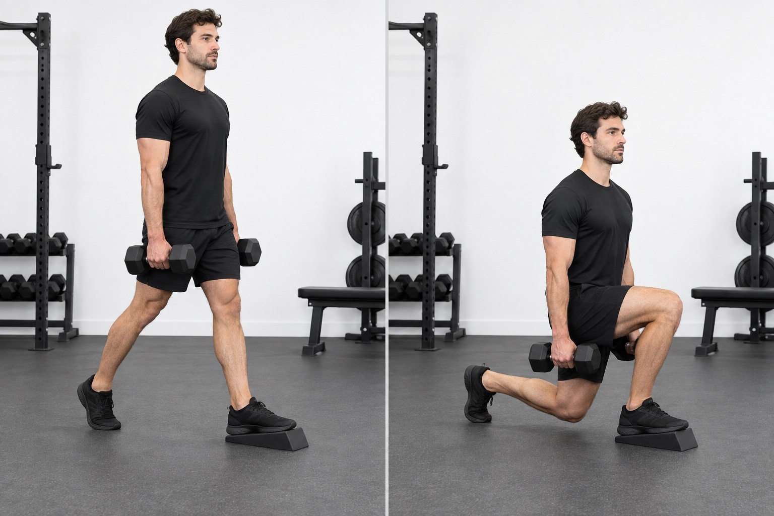 Heel Elevated Split Squat: start and finish positions