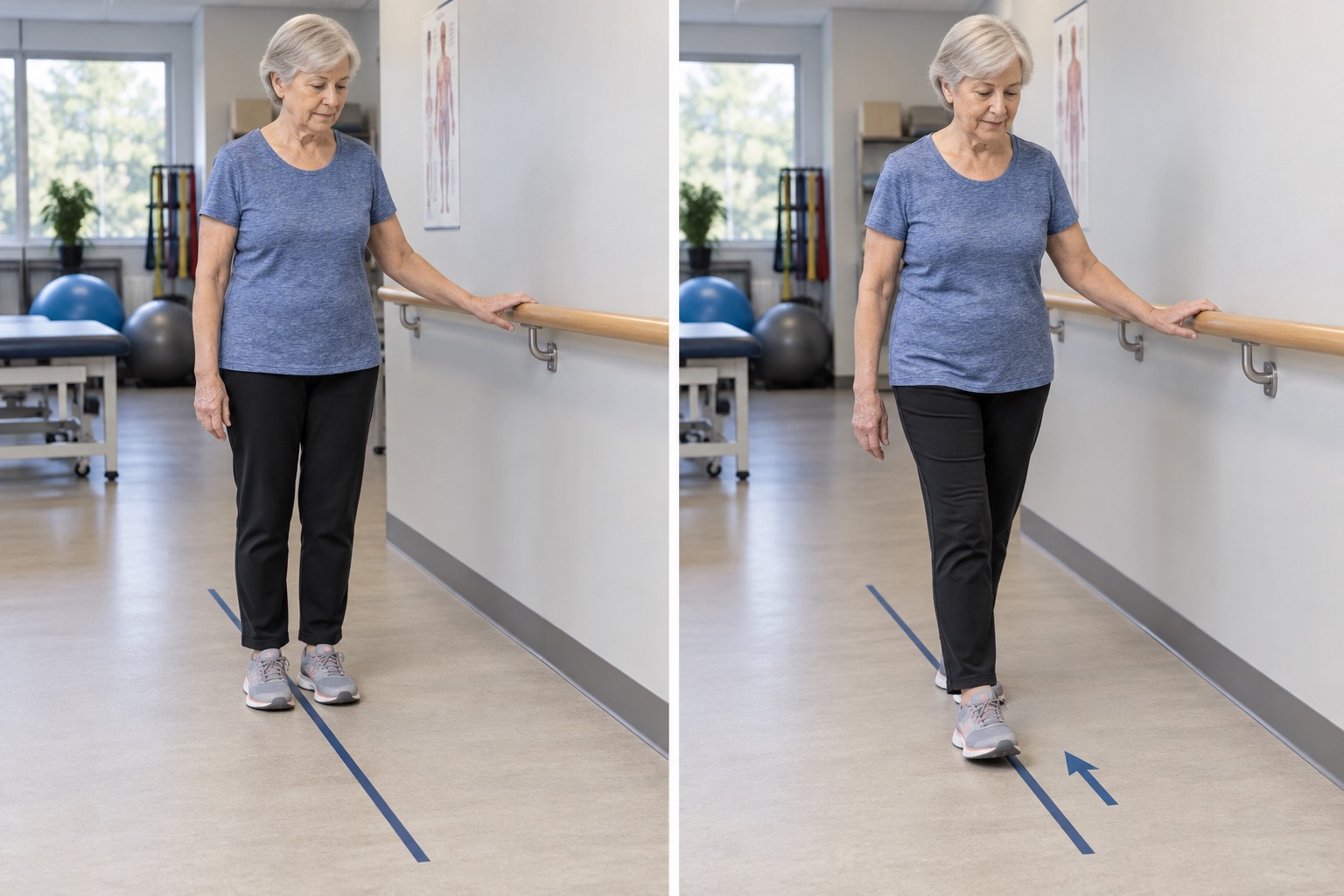 Heel To Toe Walking Rail: start and finish positions