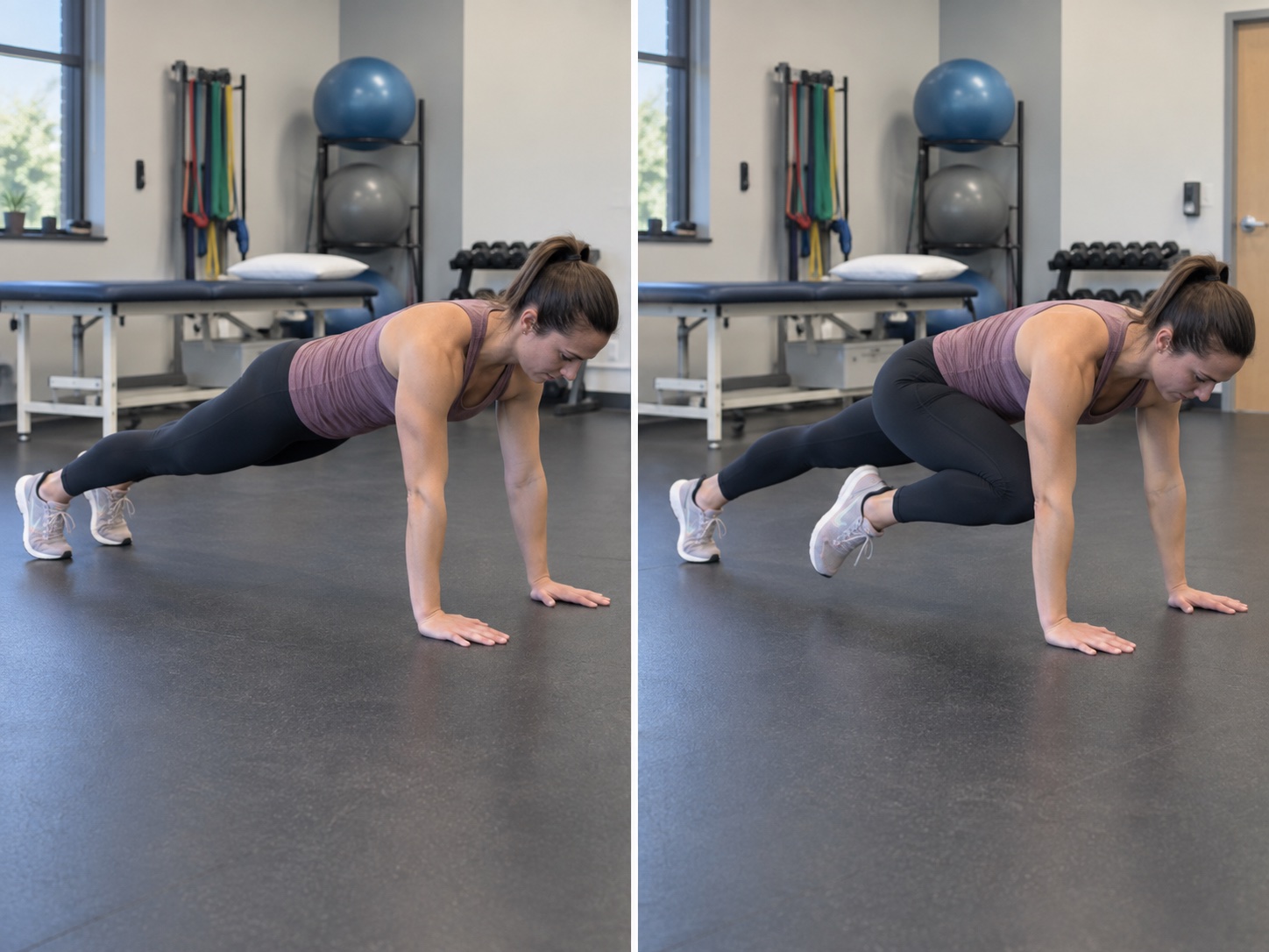 High Plank Knee to Elbow: start and finish positions