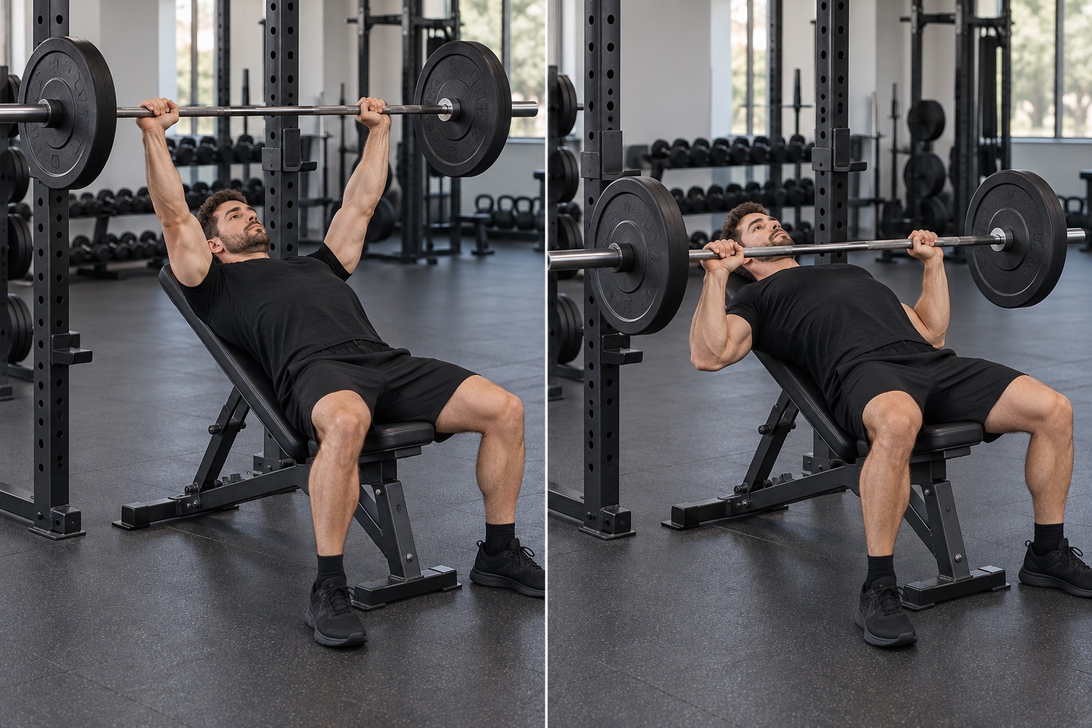 Incline Barbell Bench Press: start and finish positions