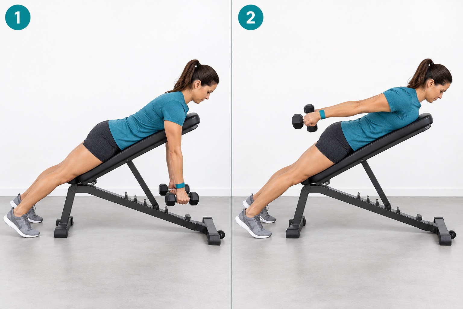 Incline Bench Prone Shoulder Extension: start and finish positions