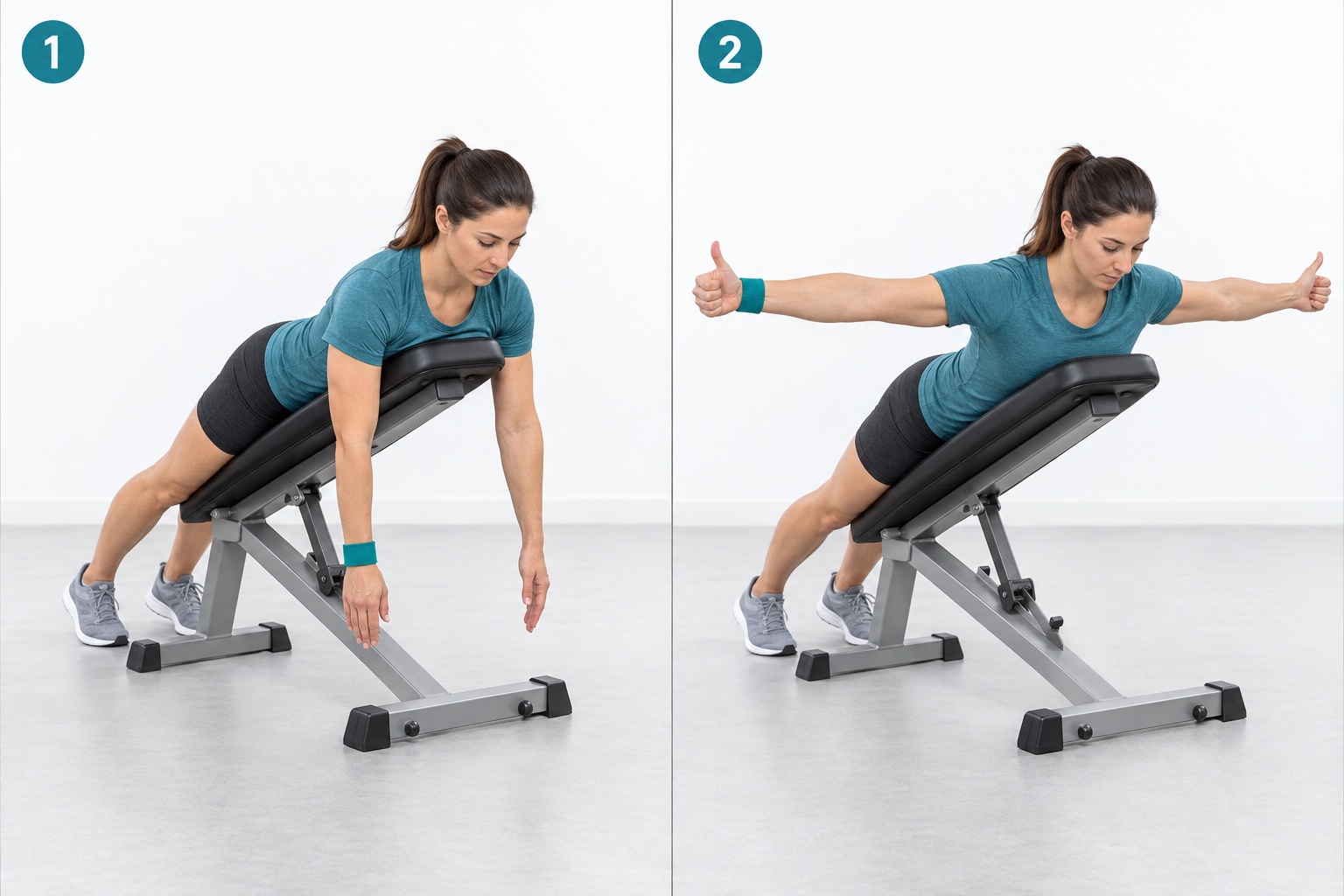 Incline Bench Prone Shoulder T: start and finish positions