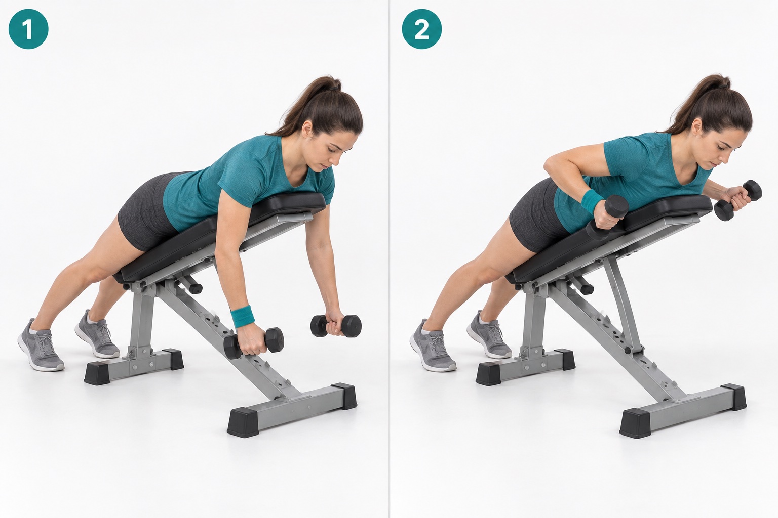 Incline Bench Prone Shoulder W: start and finish positions