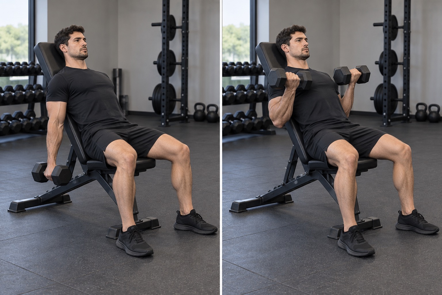 Incline Dumbbell Curl: start and finish positions