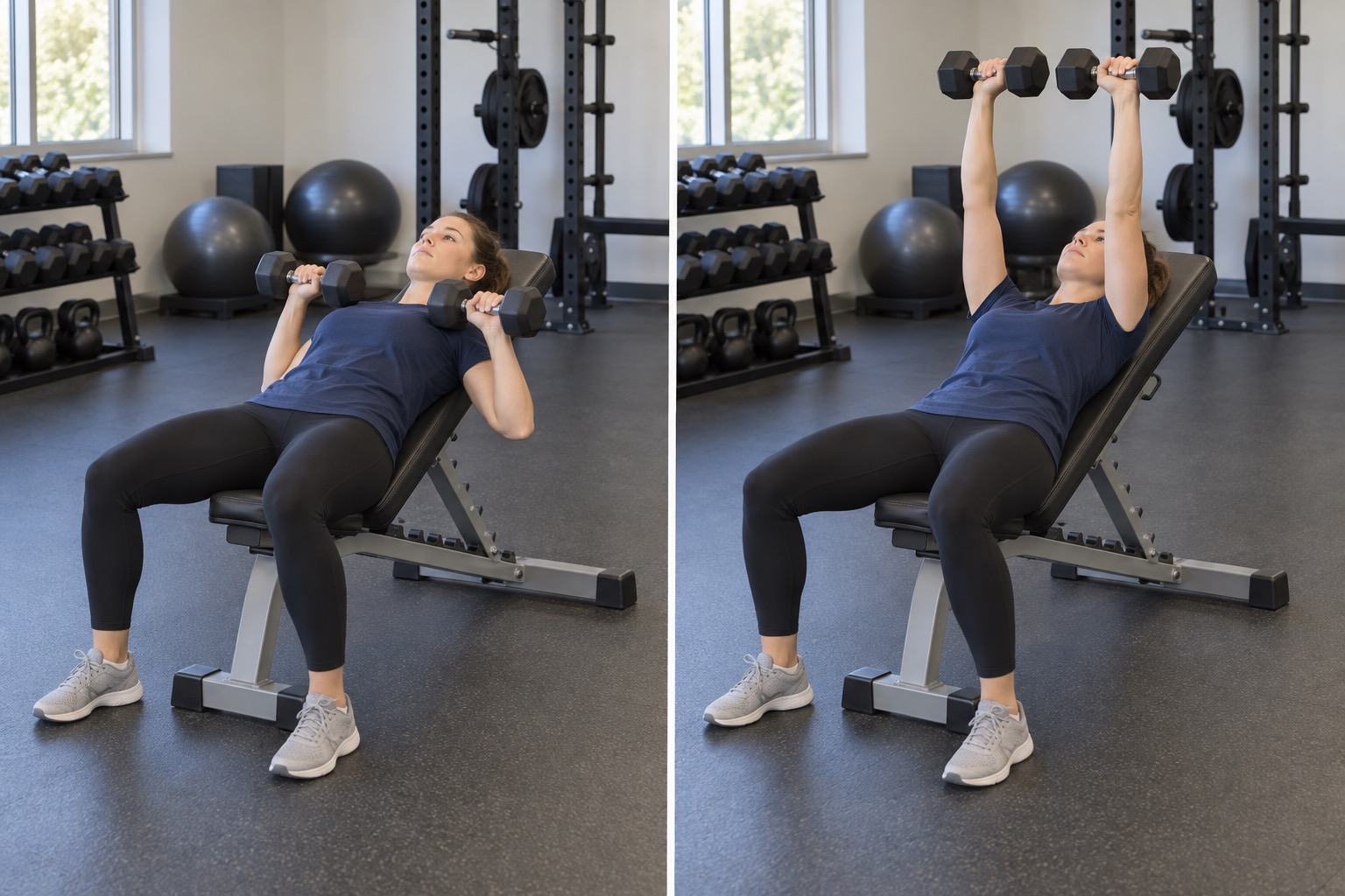 Incline Dumbbell Press: start and finish positions