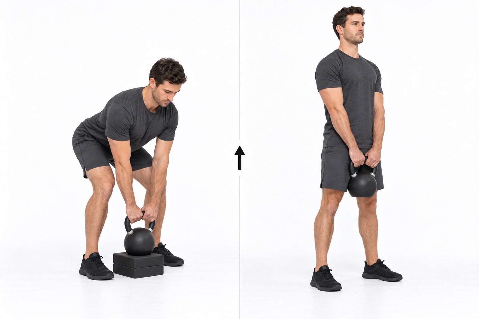 Kettlebell Deadlift Elevated Blocks: start and finish positions