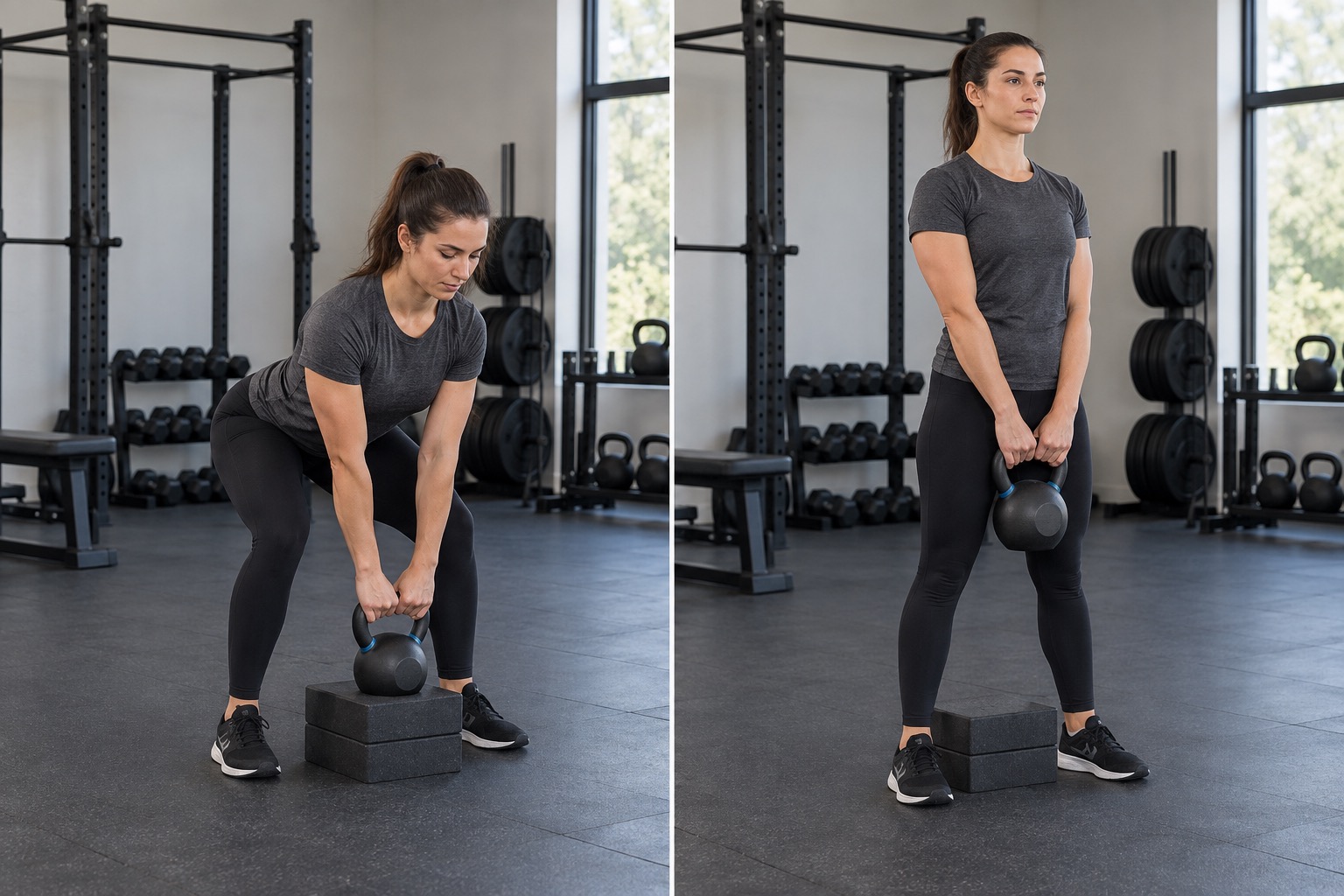 Kettlebell Deadlift Elevated: start and finish positions